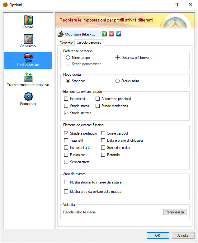 Opzioni per il profilo Cross Country